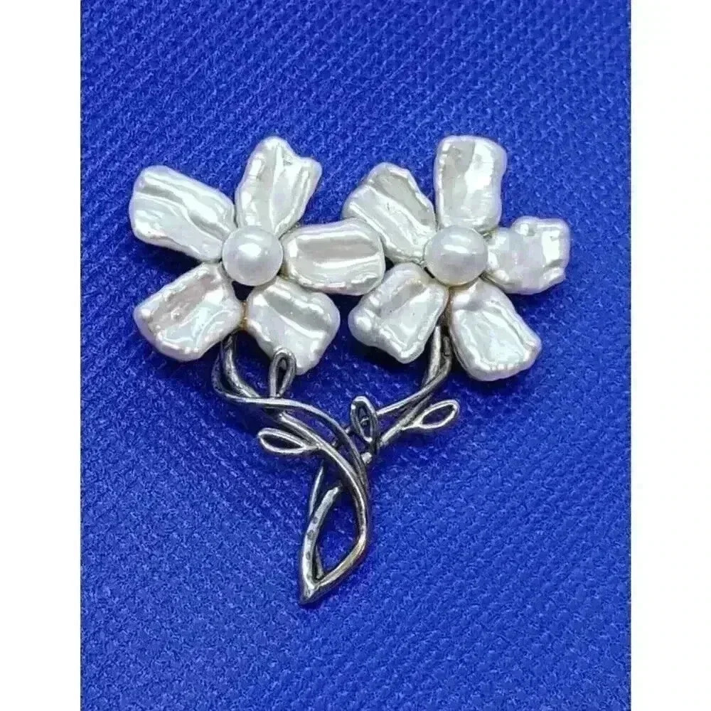 Vintage Brooch Genuine Pearl Flowers Bouquet Petal Shaped Pearls OOAK sterling